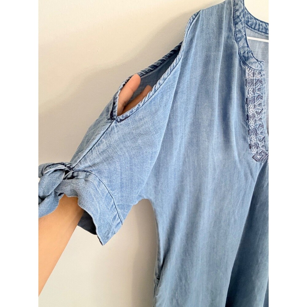 Blue Rain Chambray Tunic Dress Medium Blue Tencel Embroidered V-Neck Pockets Boh - Picture 8 of 11